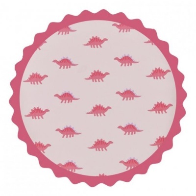 Cobertura redonda com padrão de dinossauros cor-de-rosa e borda ondulada rosa