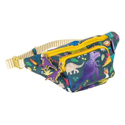 Bolsa de cintura com padrão de dinossauros coloridos em fundo verde escuro