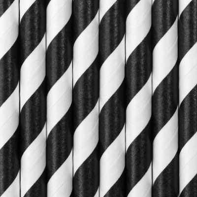 Palhinhas de papel com riscas diagonais preto e branco