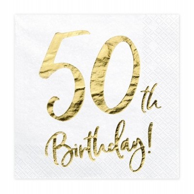 Guardanapo branco com texto dourado '50 th Birthday!'