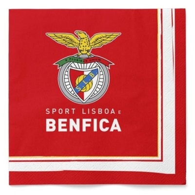 Guardanapo vermelho e branco com emblema do Benfica e texto