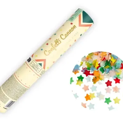 Tubo de lança confetti com confetis coloridos em forma de estrela