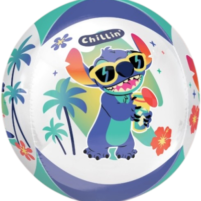 Bola branca e azul com ilustração de Stitch e palmeiras