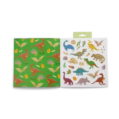 Dois conjuntos de autocolantes com desenhos coloridos de dinossauros em fundos verde e branco