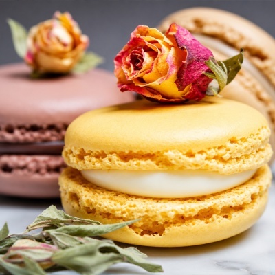 Macarons amarelo e castanho com rosas secas em cima