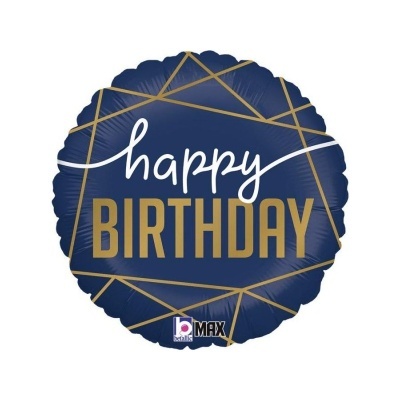 Balão redondo azul escuro com texto de aniversário dourado e branco