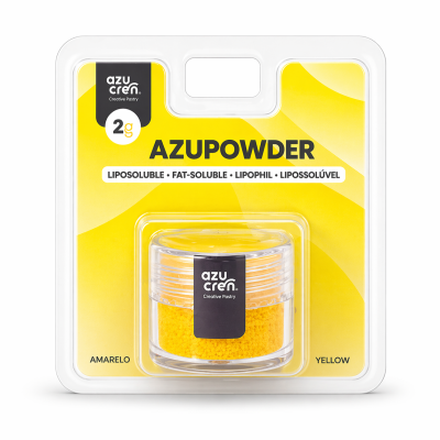 Pigmento em pó amarelo azucren AZUPOWDER em embalagem plástica transparente com fundo amarelo