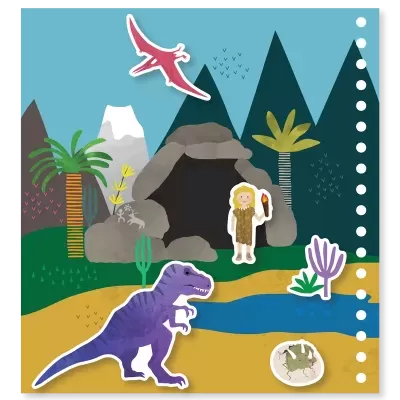 Cena desenhada de homem das cavernas, dinossauro e pterodáctilo na natureza com caverna e árvores