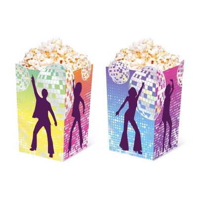 Caixas coloridas para pipocas com padrão de bolas de discoteca e silhuetas de pessoas a dançar