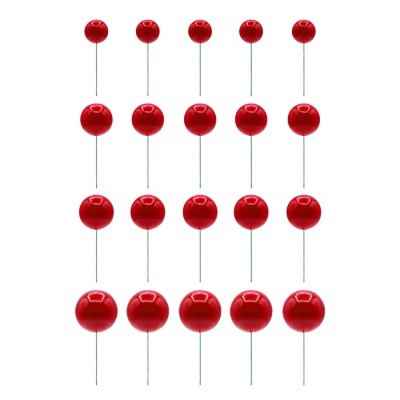 Alfinetes de cabeça redonda vermelha com haste verde organizados em fila