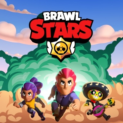 Personagens do jogo Brawl Stars com logotipo e explosão colorida ao fundo