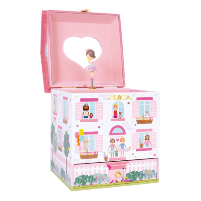 caixa de música rosa com bailarina e ilustrações de janelas com crianças