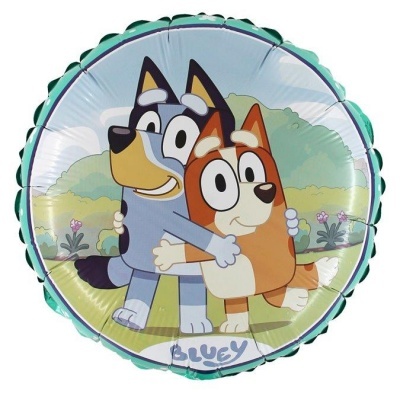 Balão redondo com personagens Bluey e Bingo em campo verde