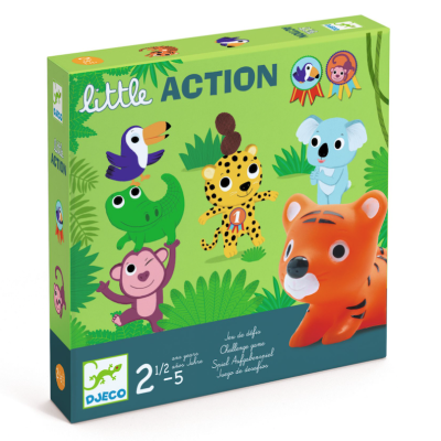 Embalagem do jogo infantil little ACTION com animais coloridos e marca DJECO