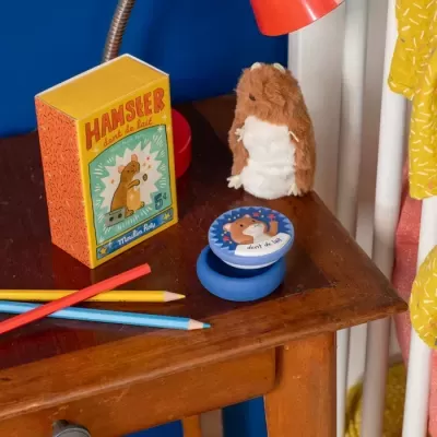 Caixa de brinquedo hamster, pelúcia e lápis coloridos sobre mesa de madeira
