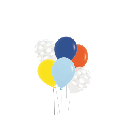 Conjunto de balões coloridos com padrão de nuvens e cores sólidas