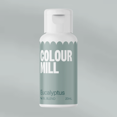 Frasco pequeno Branco e verde azulado com texto COLOUR MILL e Eucalyptus