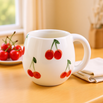 Caneca branca com padrão de cerejas vermelhas sobre mesa de madeira junto a pano bege e prato com cerejas.