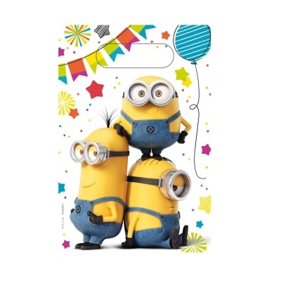 Sacolinha plástica com estampa dos Minions e decoração festiva