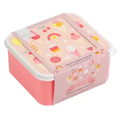 Caixa para almoço cor-de-rosa com tampa branca e desenhos de gelados.