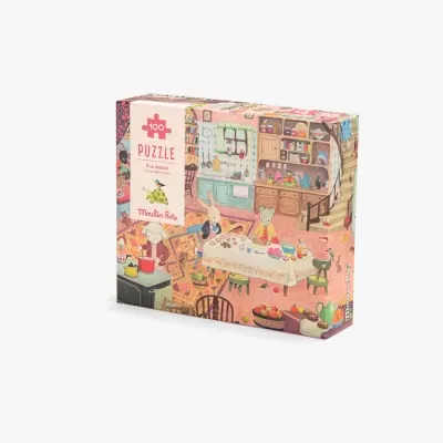 Caixa de puzzle com ilustração de cozinha e animais antropomórficos numa refeição