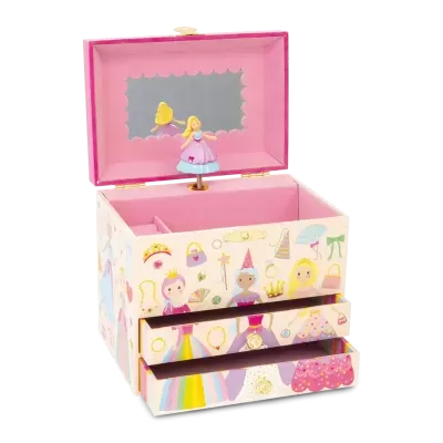 Caixa de música em tom creme com decoração de princesas coloridas, interior rosa, espelho e pequena bailarina na tampa aberta