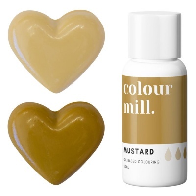 Frasco branco com corante alimentício mostarda e duas formas de coração nas cores amarelo claro e escuro.