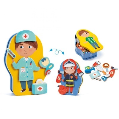 Brinquedos magnéticos de médico e bombeiro em madeira com acessórios