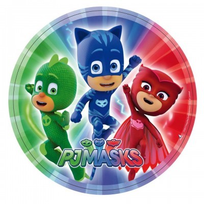 Personagens PJ Masks Gecko verde, Catboy azul e Owlette vermelho com fundo colorido circular