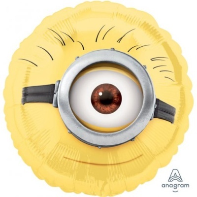 Balão amarelo redondo com um olho único castanho e aro metálico cinza