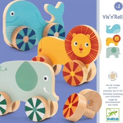 Brinquedos de madeira em forma de baleia, leão e elefante com rodas coloridas destacáveis