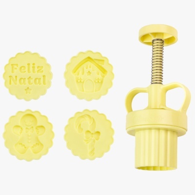 Conjunto amarelo de carimbos para bolachas temáticos de Natal com prensa de mola