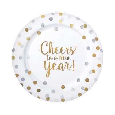 Prato de papel branco com bolinhas douradas e prateadas e texto 'Cheers to a New Year!'