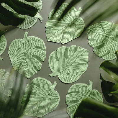 Folhas decorativas verdes em superfície cinzenta cercadas por folhas naturais escuras
