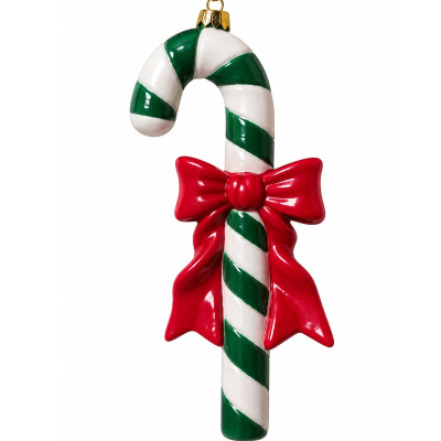 Enfeite de Natal em forma de bengala doce com riscas verdes e brancas e laço vermelho.