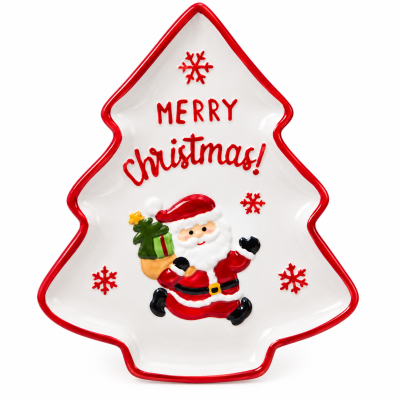Prato cerâmico em forma de árvore de Natal com decoração de Pai Natal e texto Merry Christmas