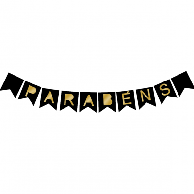 Bandeirola preta com letras douradas PARABÉNS