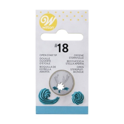 Bico de decoração Wilton #18 em inox na embalagem branca e azul com exemplos em creme azul