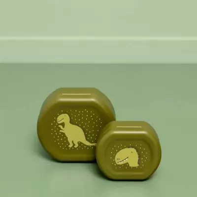 Mealheiros verdes com dinossauros amarelos e bolinhas brancas