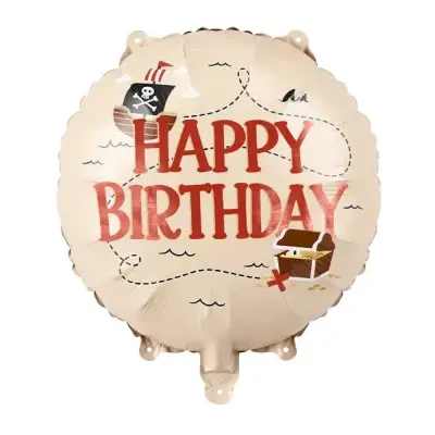 Balão redondo creme com texto Happy Birthday e ilustrações de pirata e tesouro