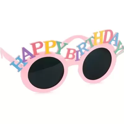 Óculos de sol rosa com letras coloridas HAPPY BIRTHDAY