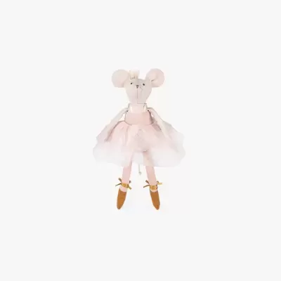 Boneca de peluche em forma de rato com vestido cor de rosa e sapatilhas douradas