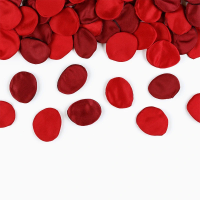 Pétalas de tecido vermelho e vermelho escuro sobre fundo branco