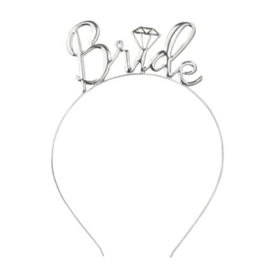 Tiara metálica prateada com a palavra Bride e diamante estilizado