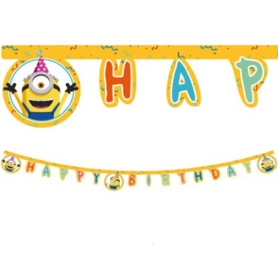 Guirlanda decorativa de aniversário dos Minions com letras coloridas e fundo amarelo