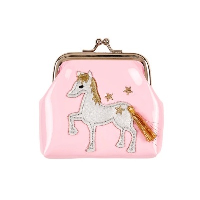 Carteira rosa com aplique de cavalo branco e estrelas douradas