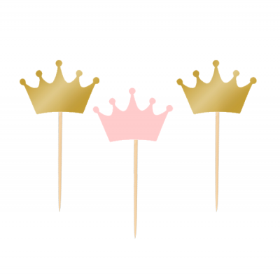 Toppers em forma de coroas douradas e cor-de-rosa em palitos de madeira