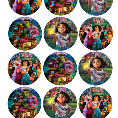 Doze círculos com imagens coloridas do filme Encanto, personagens e casa