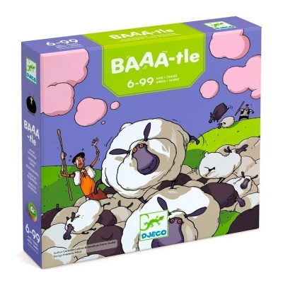 Embalagem jogo tabuleiro BÁAA-tle com ilustração de ovelhas e pastor