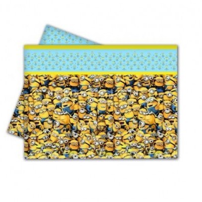Lençol de cama com padrão dos Minions amarelos e fundo azul claro